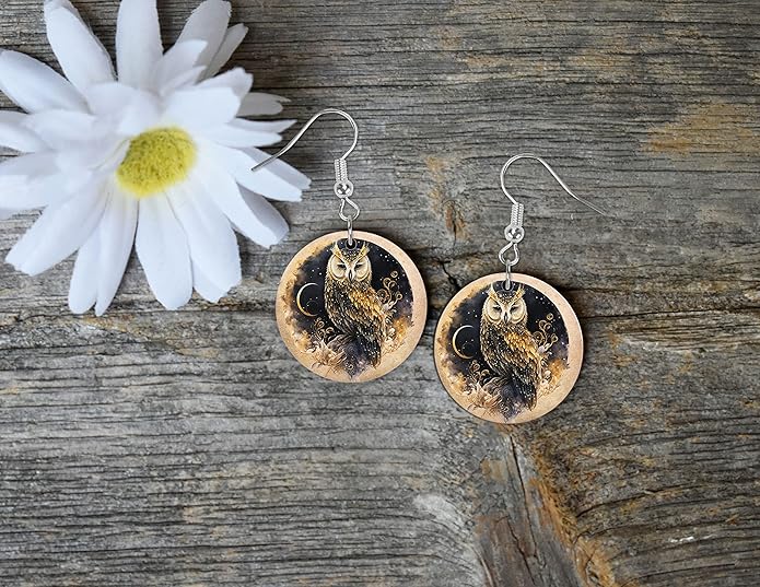 Round Wood Earrings Light Weight Printed Image Dangle Jewelry