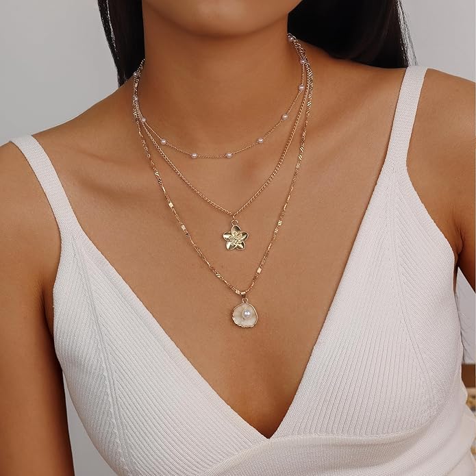 Evabelle Gold Layered Necklace for Women Trendy Jewelry 14K Real Gold Plated Chunky Chain Stackable Necklaces Dainty Choker Necklaces Rectangle Square Pendant