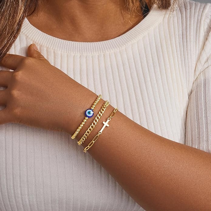 Gold Bracelets Set for Women Stack, Dainty Thick Bracelets Stack for Women Trendy, Simple Thin Gold Plated Cuff Stackable Bracelets With Beaded Cuban Paperclip Snake Rope Bangle Hand Chain Jewelry Gifts for Women Non Tainish