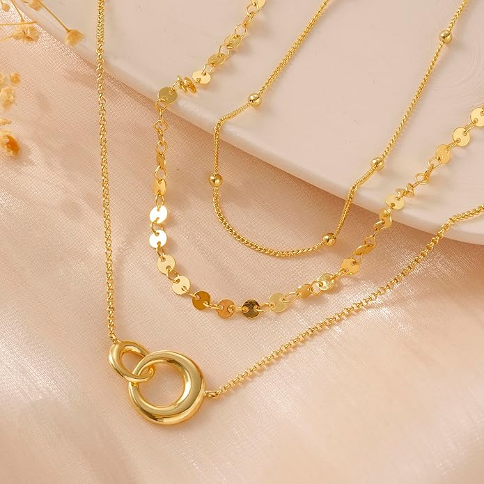 NECOCY Valentine's Day Gift 14k Gold/Silver Plated Layered Gold Necklaces for Women, 3Pcs Dainty Herringbone Choker Set, Trendy Stack Simple Chain Layering Pendant Jewelry