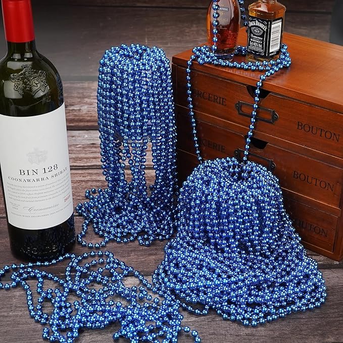 YAXINRUI 120 PCS Blue Bead Necklaces, Blue Mardi Gras Christmas Bead Necklaces, Patriotic Necklace, 33 Inch Round Beaded Necklace for Mardi Gras Christmas 4th of July Festive Events
