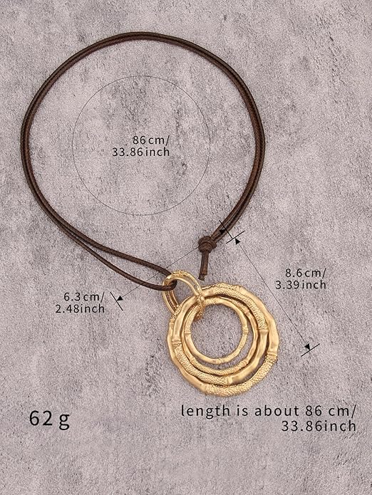 GelConnie Leather Necklace for Women Large Pendant Long Brown Necklace Circle Leather Choker Vintage Sweater Necklace Gold Chunky Boho Necklaces for Women