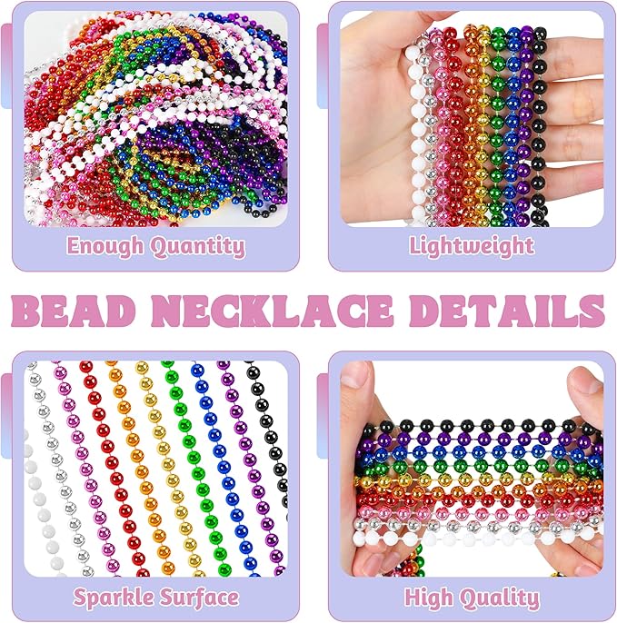 100 PCS Mardi Gras Beads, 33" Assorted Colors Carnival Beads Bulk, 10 Kinds Colors Beaded Stuff Set, Parade Throw Accessories Set, Round Costume Necklaces for Festive Party Supplies