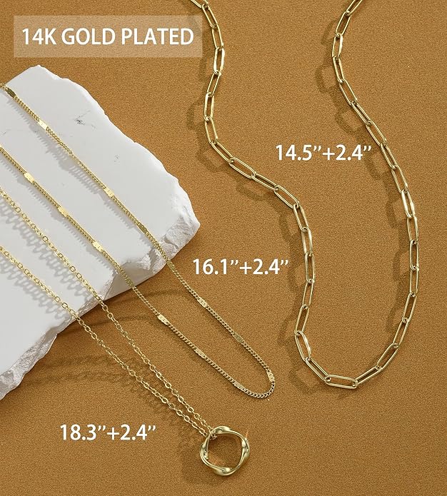 YEEZII Layered Gold Necklaces for Women Trendy, 3 Pcs 14K Gold Plated Choker Paperclip Box Chain Necklace, Stackable Women's Gold Pendant Necklaces Jewelry Set
