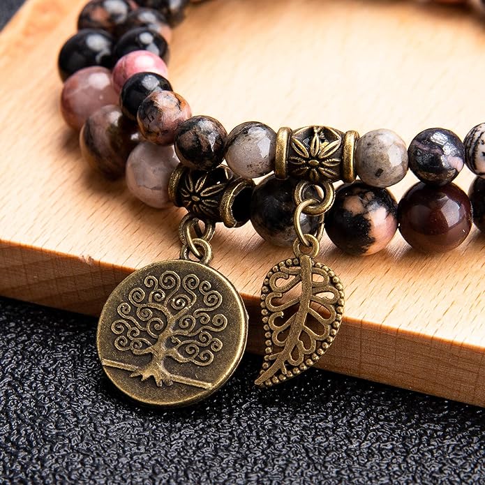 Bivei Natural Semi Precious Gemstone beads bracelet for women - Life Tree and Leaf Charm Energy Reiki Crystal Stretch Bracelets
