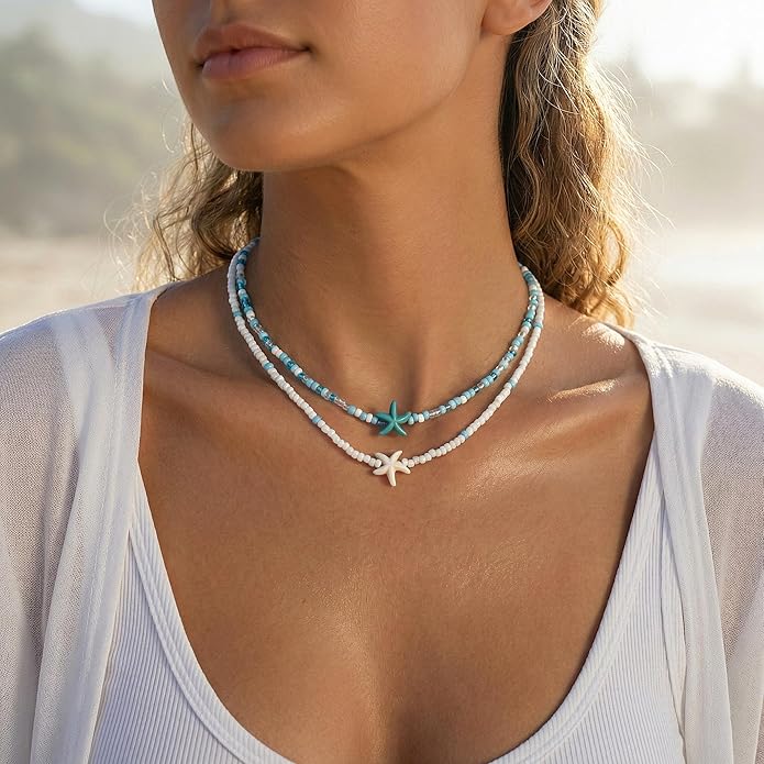 Women's Shell Starfish Boho Layered Beaded Necklace Choker for Summer Beach Vacation Gifts for Birthday/Anniversary/Christmas