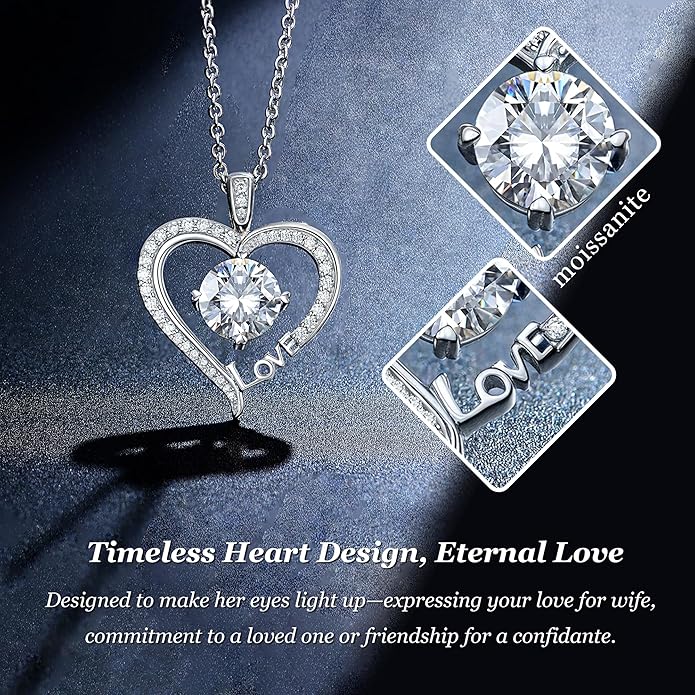 Moissanite Heart Necklaces for Women, 1-3 Carat Moissanite 925 Sterling Silver Love Jewelry, Valentines Day Birthday Wedding Anniversary Engagements Gifts for Women Wife Girlfriend Mom Her