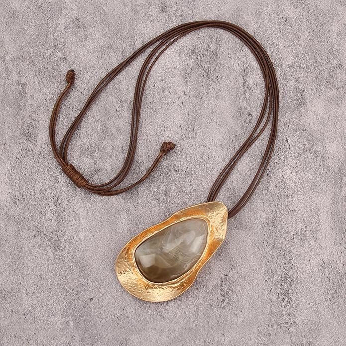GelConnie Leather Necklace for Women Large Pendant Long Brown Necklace Circle Leather Choker Vintage Sweater Necklace Gold Chunky Boho Necklaces for Women