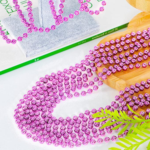 144PCS Bead Necklace, Metallic Pink Mardi Gras Rose Necklaces Bulk, 33" Mardi Gras Round Beaded Necklace Stuff, Festival Parade Throw Accessories Wedding Gender Reveal Party Supplies Decor
