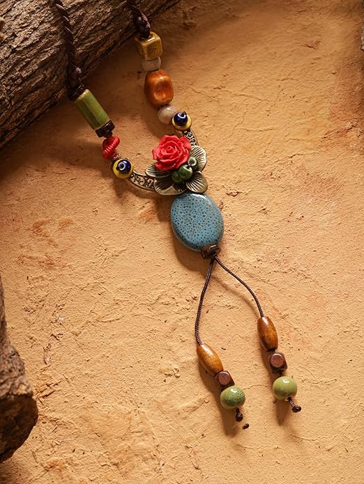 MINACHI Vintage Bohemian Hippie Ceramic Beads Crescent Moon Lariat Necklace, Boho Hippie Statement Jewelry Gift for Women