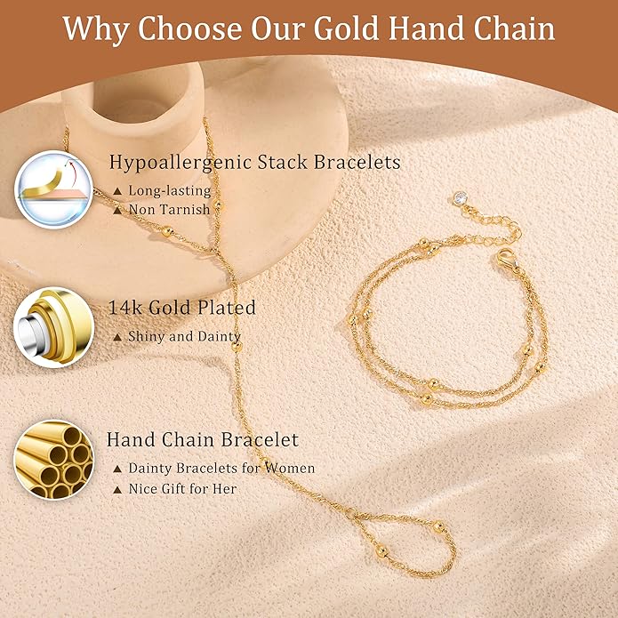 CHESKY 14K Gold Plated Hand Chain Bracelets for Women Set - Dainty Finger Ring Bracelet Stack Adjustable Hand Chains Durable Beaded Bracelets Trendy Simple Body Jewelry Gift for Women