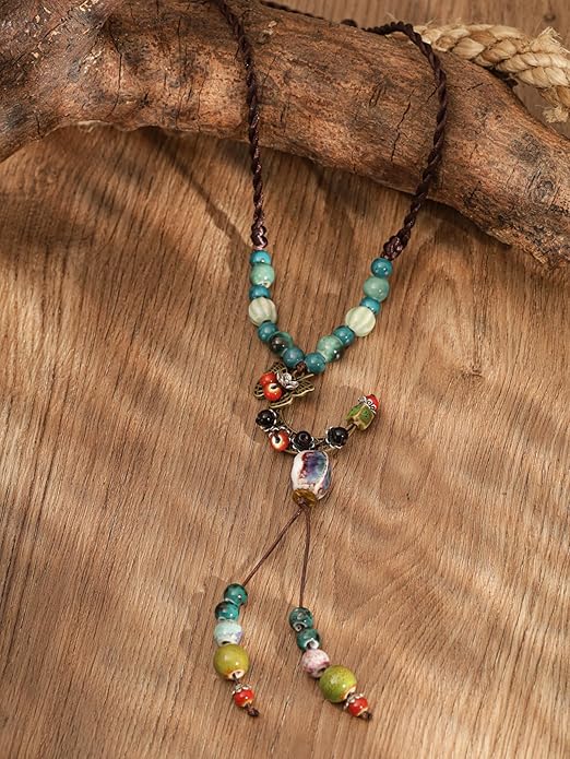 MINACHI Vintage Bohemian Hippie Ceramic Beads Crescent Moon Lariat Necklace, Boho Hippie Statement Jewelry Gift for Women