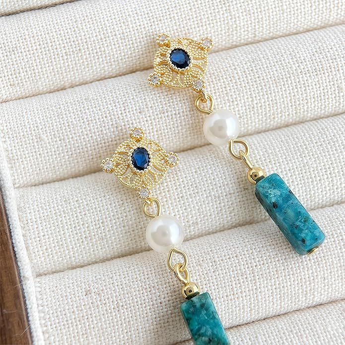 Hupplle Handmade Vintage Boho Dangle Earrings with Natural Stone Crystal Pearl Lightweight Hypoallergenic Elegant Jewelry Gifts for Women
