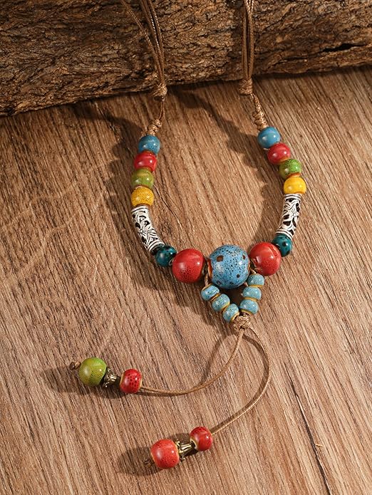 MINACHI Vintage Bohemian Ethnic Colorful Ceramic Bead Long Y Necklace, Hippie Boho Summer Fashion Jewelry Gift for Women