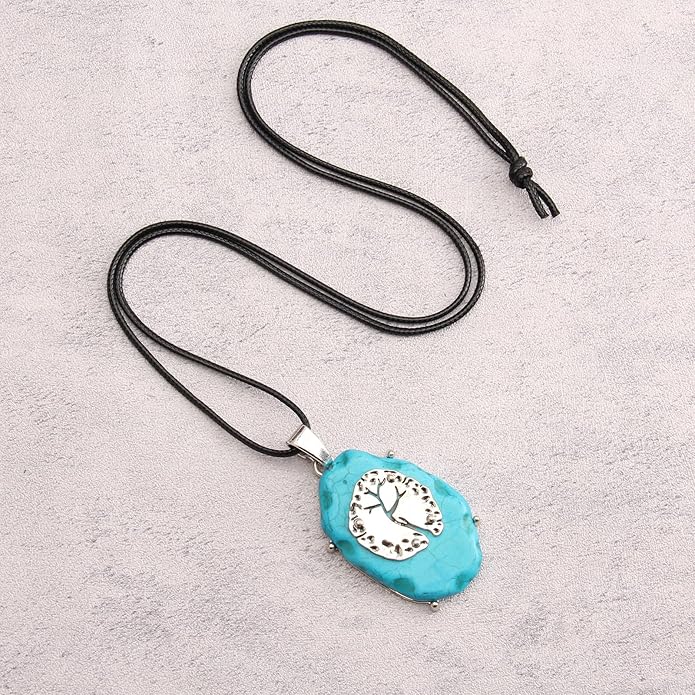 GelConnie Boho Necklaces for Women Vintage Silver Circles Long Pendant Necklace Cowgirl Sweater Necklace Adjustable Leather Choker Necklace for Women