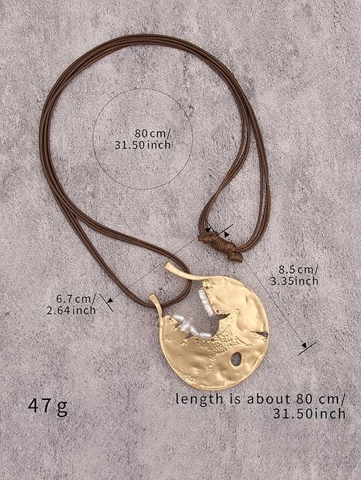 GelConnie Leather Necklace for Women Large Pendant Long Brown Necklace Circle Leather Choker Vintage Sweater Necklace Gold Chunky Boho Necklaces for Women