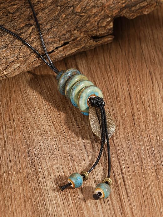 MINACHI Vintage Bohemian Leaf Charm Colorful Ceramic Bead Long Y Necklace, Boho Jewelry Gift for Women