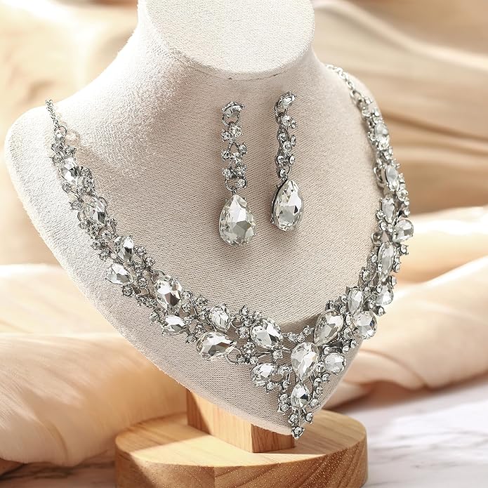 BriLove Women's Wedding Bridal Austrian Crystal Teardrop Cluster Statement Necklace Dangle Earrings Jewelry Set