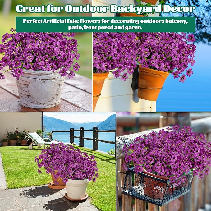 24 Pcs Artificial Flowers for Outdoor, Plastic Fake Flowers Decor, Fuchsia | UV - Image 6