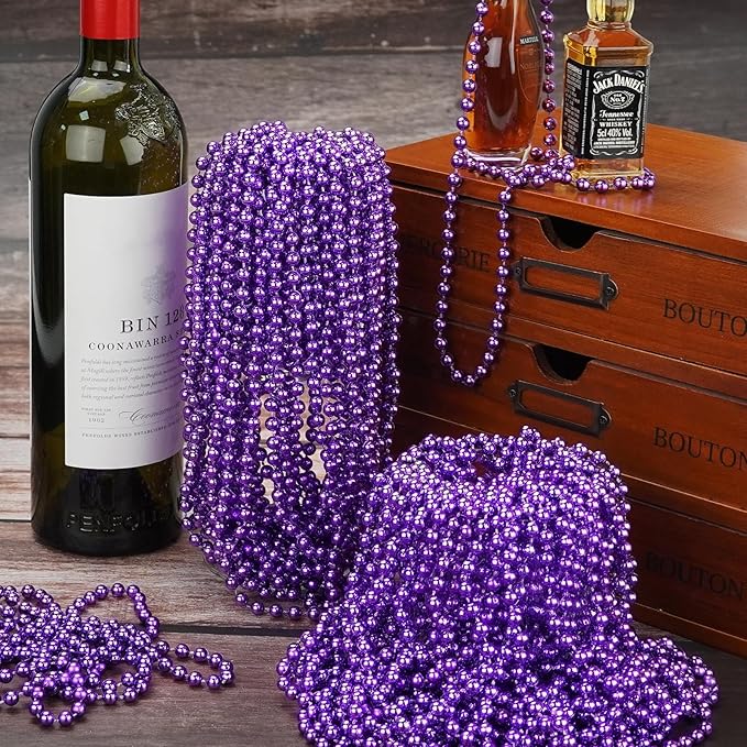 YAXINRUI 144 PCS Purple Bead Necklace, Purple Mardi Gras Beads, Halloween Beads Necklaces, 33 Inch Round Beaded Necklace Costume Necklace for Mardi Gras Christmas Halloween Party Favors