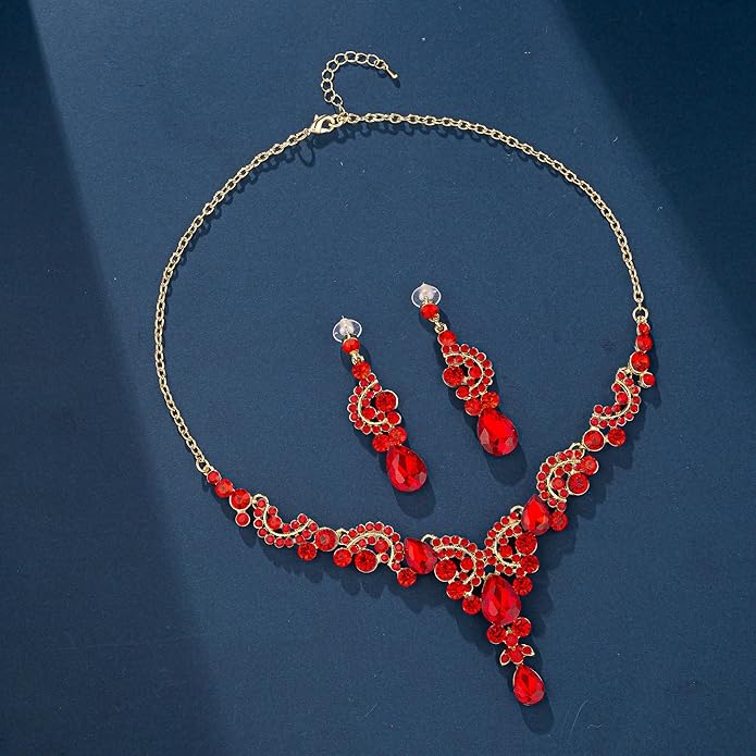 Crystal Bridal Wedding Jewelry Sets for Women Rhinestone Teardrop Crystal Statement Choker Necklace Drop Earrings Link Bracelets Rings Teardrop Jewelry Set for Brides Bridesmaids