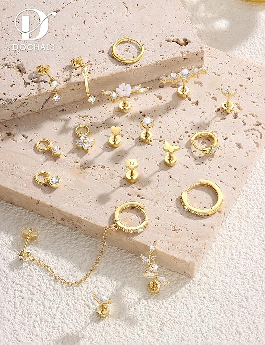 18 PCS Single Cartilage Studs Earrings Women Trendy 14k Gold Plated Flat Back Earings Stacks Dainty Small Pendant Dangle Huggie Hoops Earring Cubic Zirconia Flatback Stud Sets for Multiple Piercing