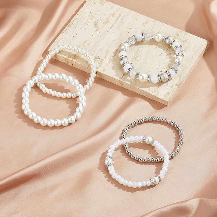 Noessla Beaded Pearl Stretch Bracelet Silver Stackable Crystal Beads Bracelets Trendy Costume Jewelry Mothers Day Gifts for Women