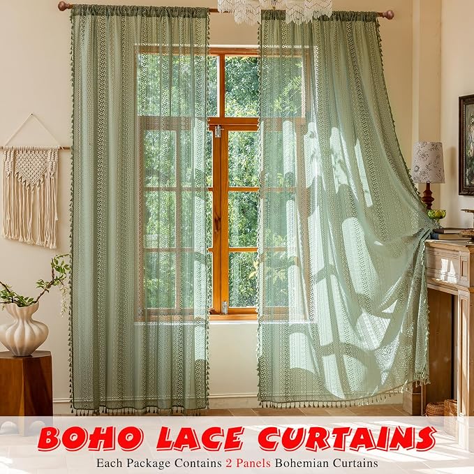 Sutuo Home Sage Green Boho Lace Sheer Curtains 84 Inches Long - Image 2