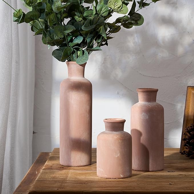 LUKA Ceramic Rustic Farmhouse Vase Set of 3, Terracotta Vases - Image 4