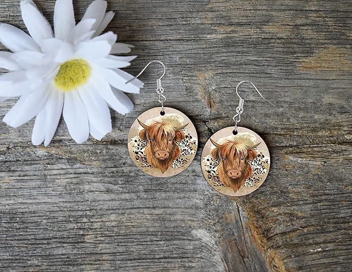 Round Wood Earrings Light Weight Printed Image Dangle Jewelry