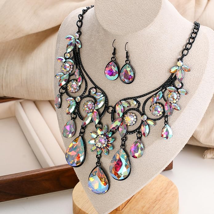 BriLove Women's Tribal Ethnic Crystal Chunky Statement Necklace Dangle Earrings Set