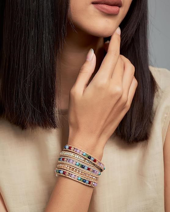 Bracelet for Women – Handmade Vegan Boho Natural Stone Layered Bracelet, Thailand Bohemian Stackable Beaded Wrap Bracelets, Summer Hippie Bracelet Stack, Fashion Jewelry Gifts