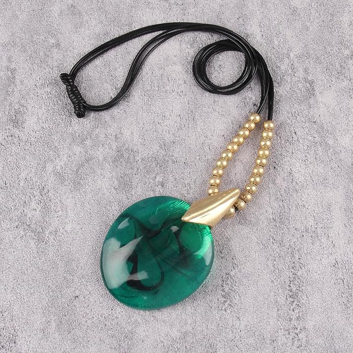 GelConnie Leather Necklace for Women Large Pendant Long Brown Necklace Circle Leather Choker Vintage Sweater Necklace Gold Chunky Boho Necklaces for Women