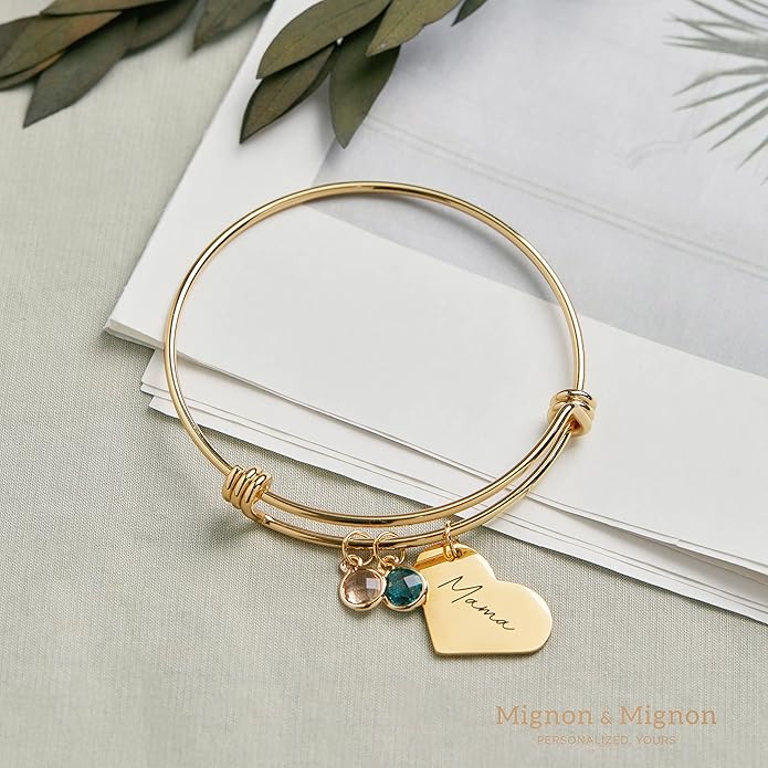 MignonandMignon Heart Birthstone Bracelet Personalized Gift for Her Family Birthstone Jewelry Customized Bangle - ABR-LH-BS