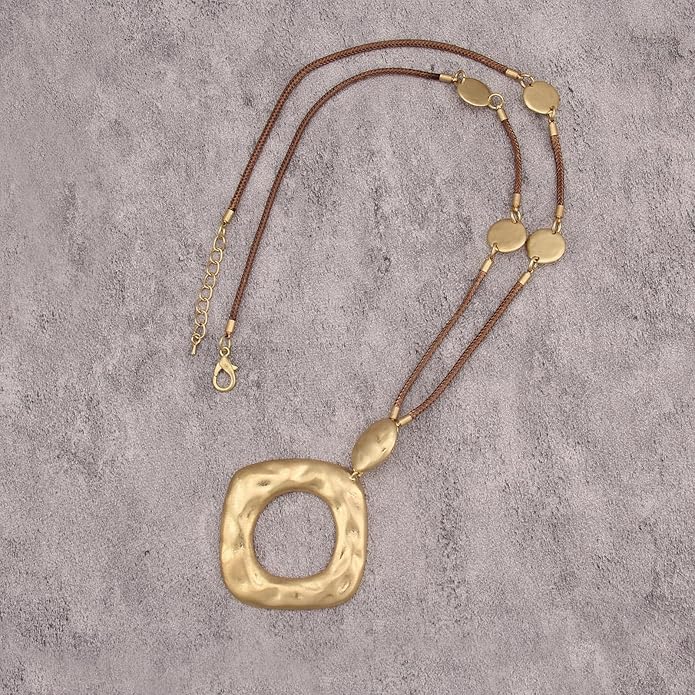 GelConnie Leather Necklace for Women Large Pendant Long Brown Necklace Circle Leather Choker Vintage Sweater Necklace Gold Chunky Boho Necklaces for Women