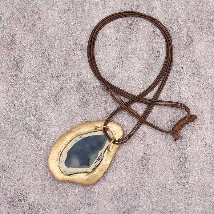 GelConnie Leather Necklace for Women Large Pendant Long Brown Necklace Circle Leather Choker Vintage Sweater Necklace Gold Chunky Boho Necklaces for Women