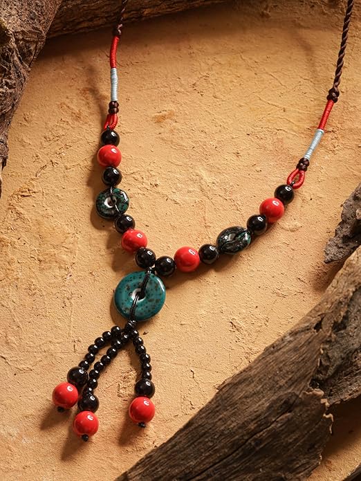 MINACHI Boho Hippie Colorful Ceramic Beads Strand O Ring Circle Charm Long Y Necklace, Vintage Bohemian Statement Jewelry Gift for Women
