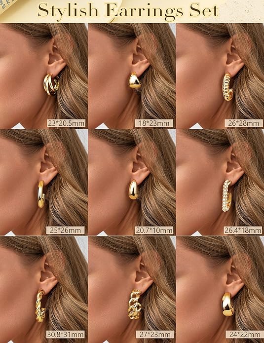 YADOCA 9 Pairs Gold Clip on Earrings for Women 14K Gold Plated Waterdrop Chunky Clip on Hoop Earrings No Piercing Fake Earrings Set