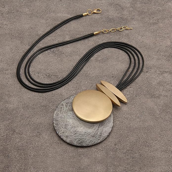 GelConnie Leather Necklace for Women Large Pendant Long Brown Necklace Circle Leather Choker Vintage Sweater Necklace Gold Chunky Boho Necklaces for Women