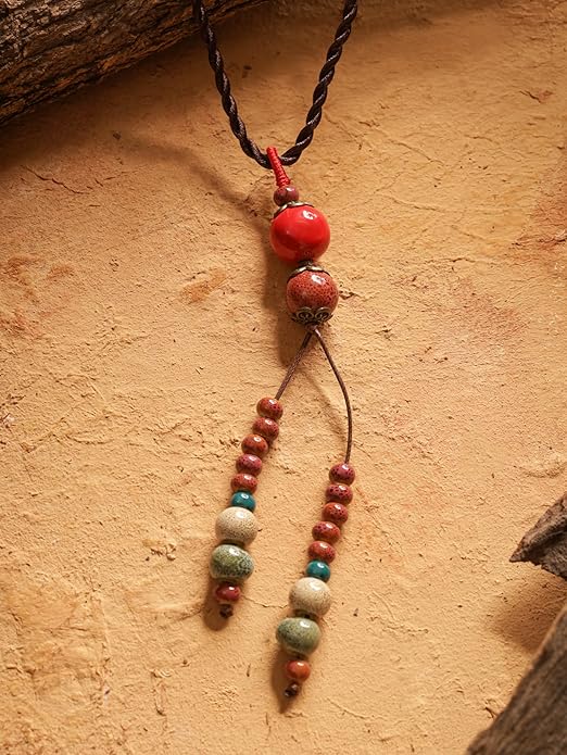 MINACHI Vintage Bohemian Ethnic Colorful Ceramic Bead Long Y Necklace, Hippie Boho Summer Fashion Jewelry Gift for Women