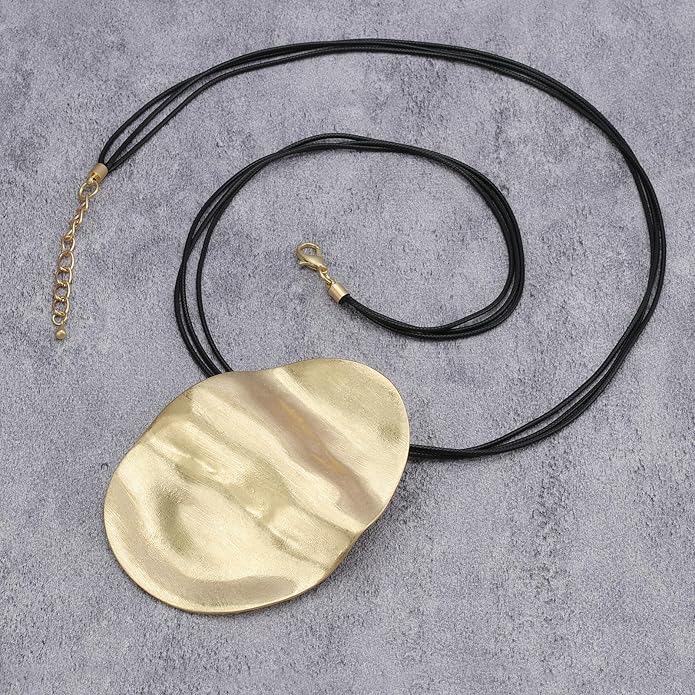 GelConnie Leather Necklace for Women Large Pendant Long Brown Necklace Circle Leather Choker Vintage Sweater Necklace Gold Chunky Boho Necklaces for Women