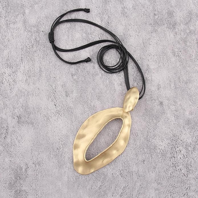 GelConnie Leather Necklace for Women Large Pendant Long Brown Necklace Circle Leather Choker Vintage Sweater Necklace Gold Chunky Boho Necklaces for Women