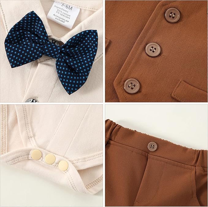 DISAUR Baby Boy Clothes Toddler Boy Outfits 4PCS Gentleman Dress Romper/Vest/Pants/Bow Tie Cotton Suit Sets