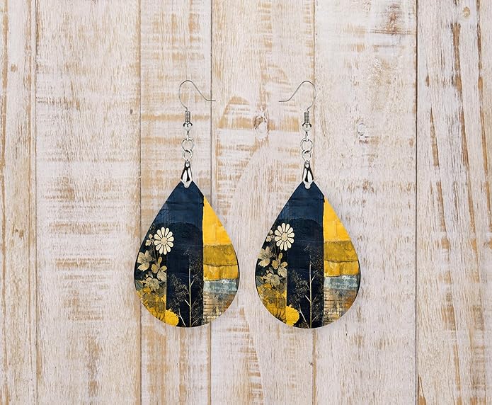 Teardrop Wood Earrings Light Weight Printed Image Dangle Jewelry, Fun and Funky