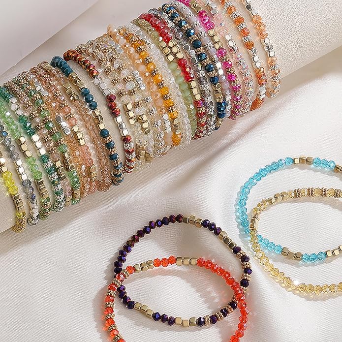 30Pcs Boho Beaded Bracelets for Women Colorful Stackable Sparkly Crystal Beads Bracelets Multi-Layer Versatile Statement Bracelets Stretch Cuff Jewelry Gifts