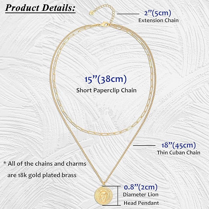 Aobei Pearl 18K Gold Plated Moon Star Lion Evil Eye Love Heart Cross Pendant Necklace Medallion Paperclip Chian Choker Layering Jewery for Women