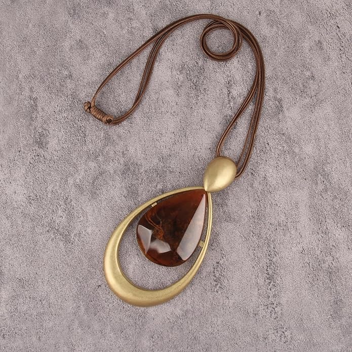 GelConnie Leather Necklace for Women Large Pendant Long Brown Necklace Circle Leather Choker Vintage Sweater Necklace Gold Chunky Boho Necklaces for Women