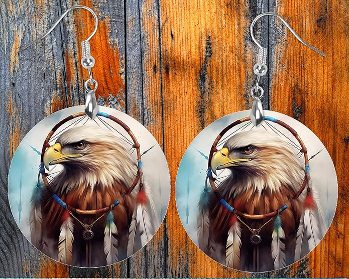 Round Wood Earrings Light Weight Printed Image Dangle Jewelry