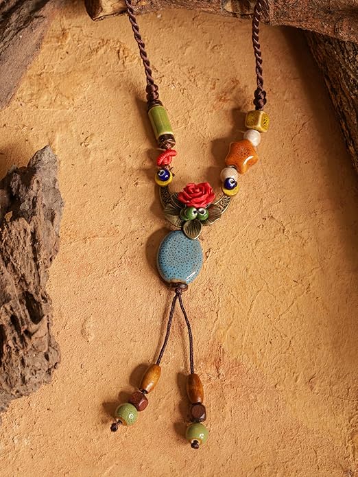 MINACHI Vintage Bohemian Hippie Ceramic Beads Crescent Moon Lariat Necklace, Boho Hippie Statement Jewelry Gift for Women