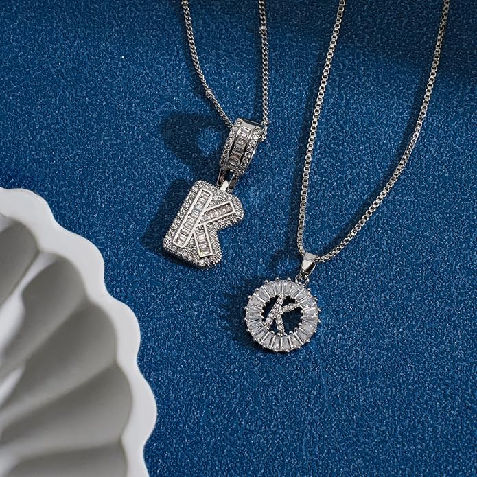 Initial Letter Necklace for Women 14k White Gold Silver Plated Dainty Necklaces Trendy Chunky Custom Layered Necklace Set Personalized Round Circle Zirconia A-Z Letter Chain Pendant Jewelry Gift